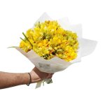 Bouquet de fresias amarillas y margaritas .